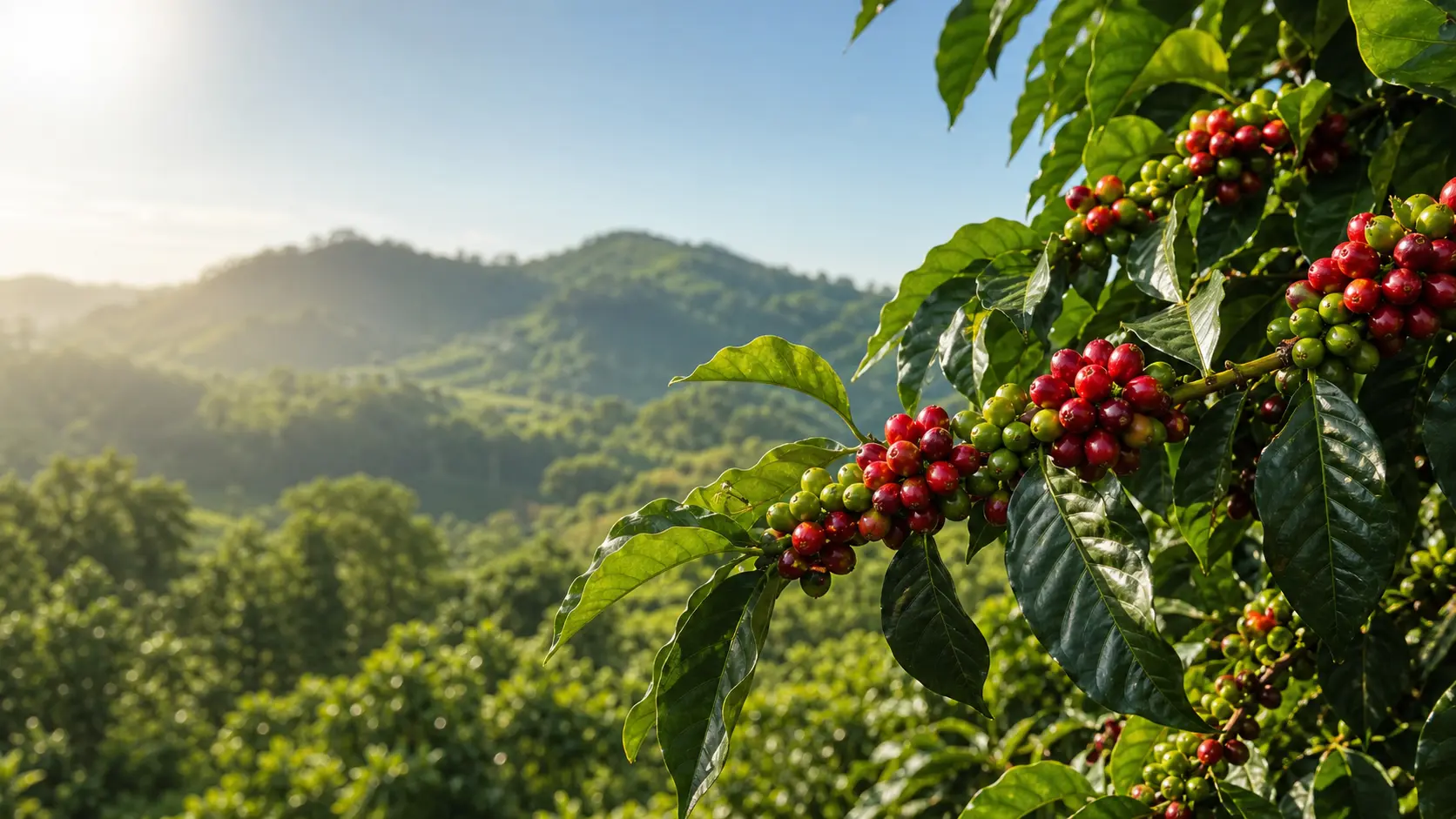 Ripe red and green coffee cherries growing on a coffee farm