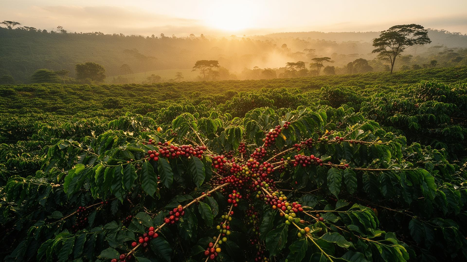 Coffee farm landscape at sunrise
